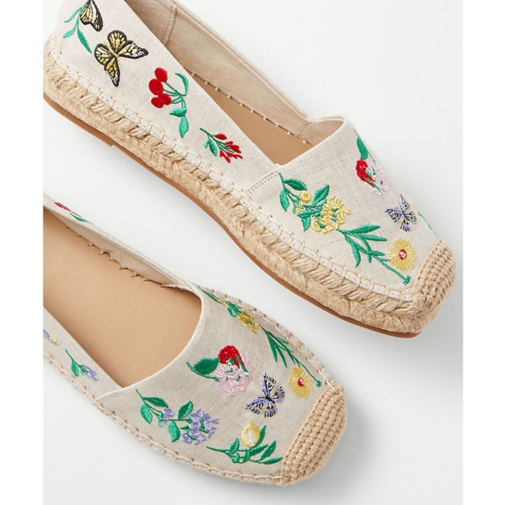Ann Taylor Embroidered Floral Espadrille Slip-On Shoes – Cream Linen
